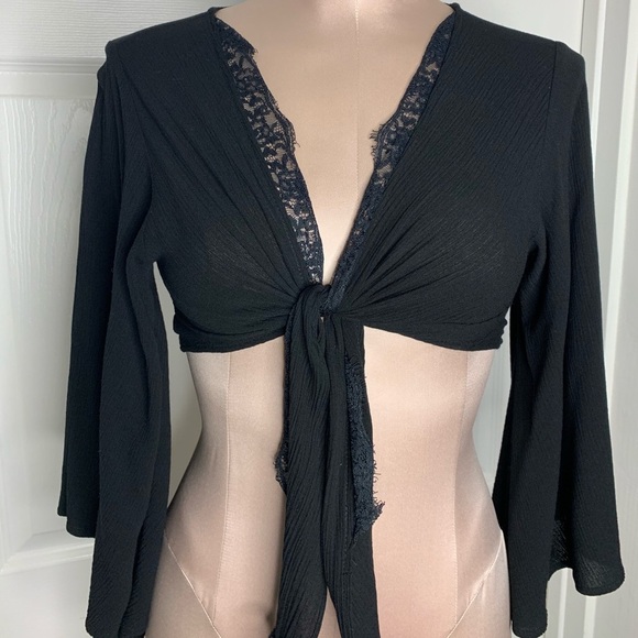 Eastnwest Black Cropped Tie Top Bat Sleeves Boho - Picture 2 of 8